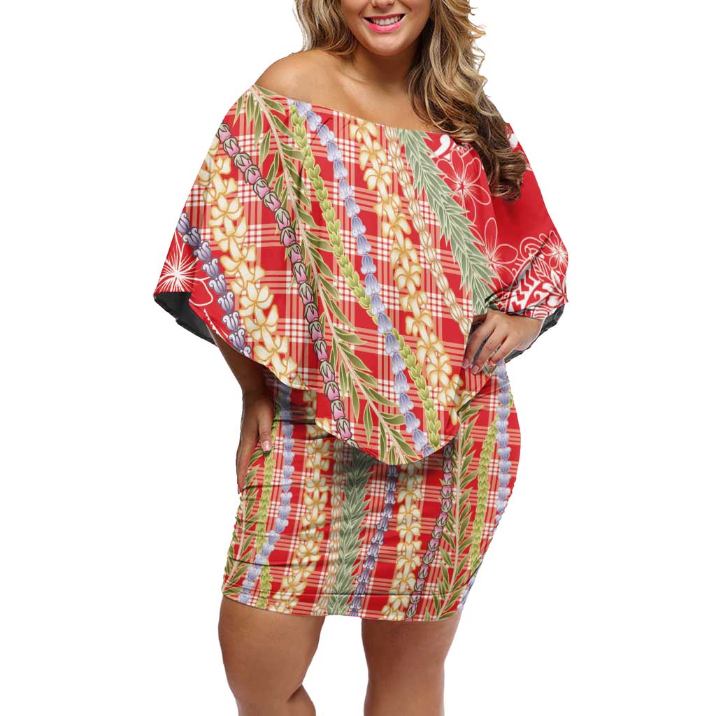 Red Palaka Hawaii Leis Off Shoulder Short Dress Hawaiian-plaid Elegant Tropical Vibes LT14 Women Red - Polynesian Pride