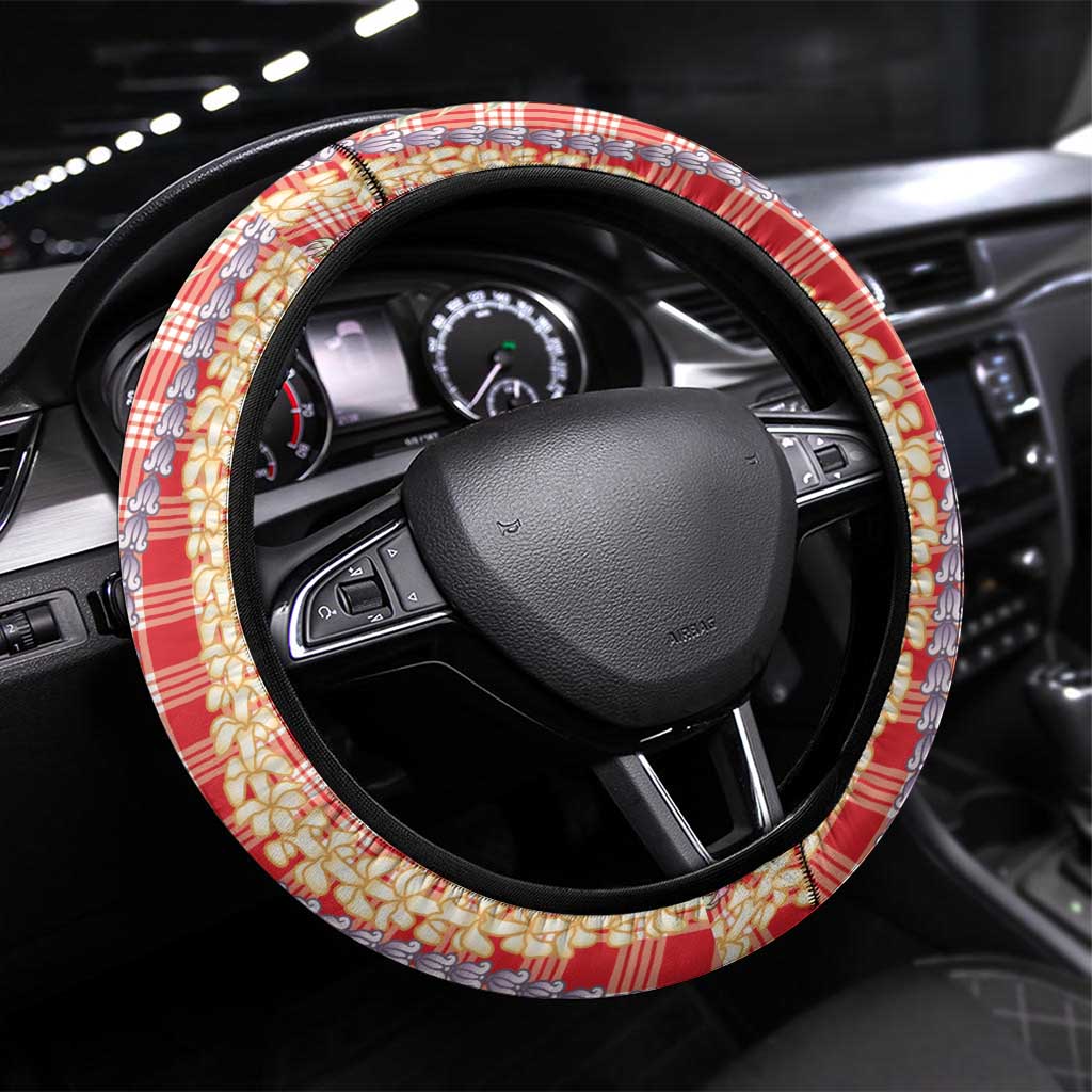 Red Palaka Hawaii Leis Steering Wheel Cover Hawaiian-plaid Elegant Tropical Vibes LT14 Universal Fit Red - Polynesian Pride