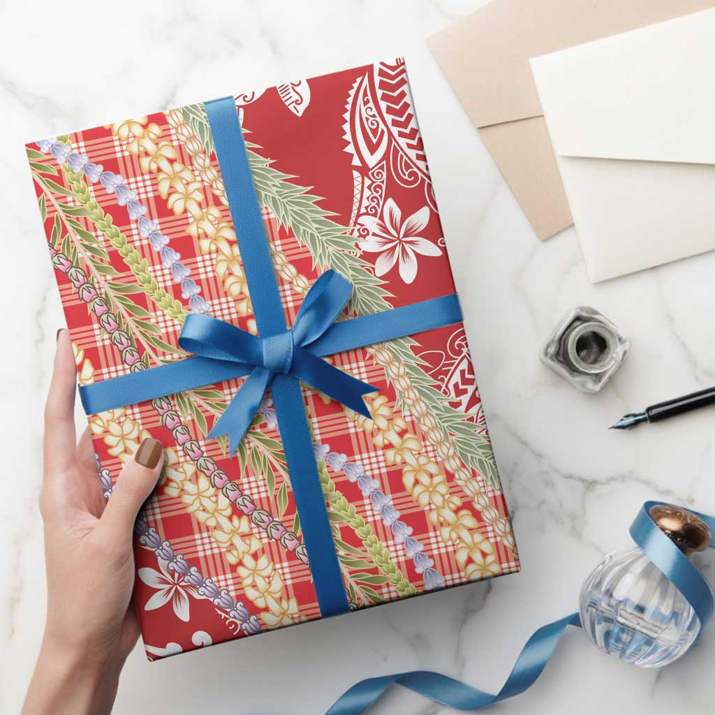 Red Palaka Hawaii Leis Wrapping Paper Hawaiian-plaid Elegant Tropical Vibes LT14 - Polynesian Pride