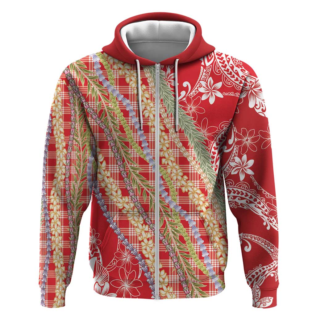 Red Palaka Hawaii Leis Zip Hoodie Hawaiian-plaid Elegant Tropical Vibes LT14 Zip Hoodie Red - Polynesian Pride