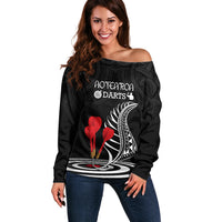 Personalised New Zealand Darts Off Shoulder Sweater Aotearoa Maori Fern Bring It On LT14 Women Black - Polynesian Pride