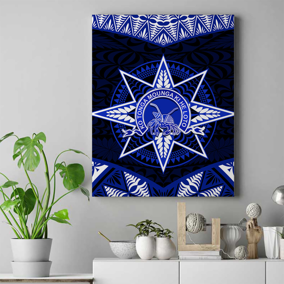 Tonga Tupou College And Queen Salote College Canvas Wall Art Tongan Ngatu Pattern LT14 Blue - Polynesian Pride