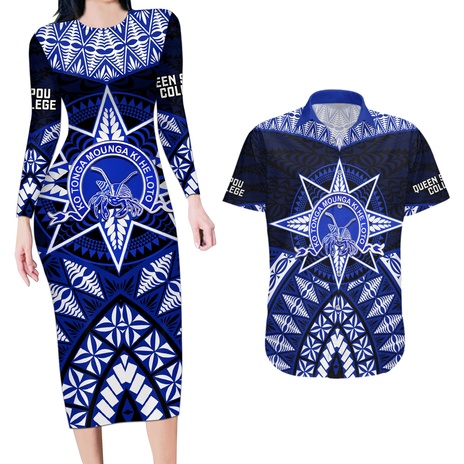 Tonga Tupou College And Queen Salote College Couples Matching Long Sleeve Bodycon Dress and Hawaiian Shirt Tongan Ngatu Pattern LT14 Blue - Polynesian Pride