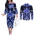 Tonga Tupou College And Queen Salote College Couples Matching Off The Shoulder Long Sleeve Dress and Long Sleeve Button Shirt Tongan Ngatu Pattern LT14 Blue - Polynesian Pride