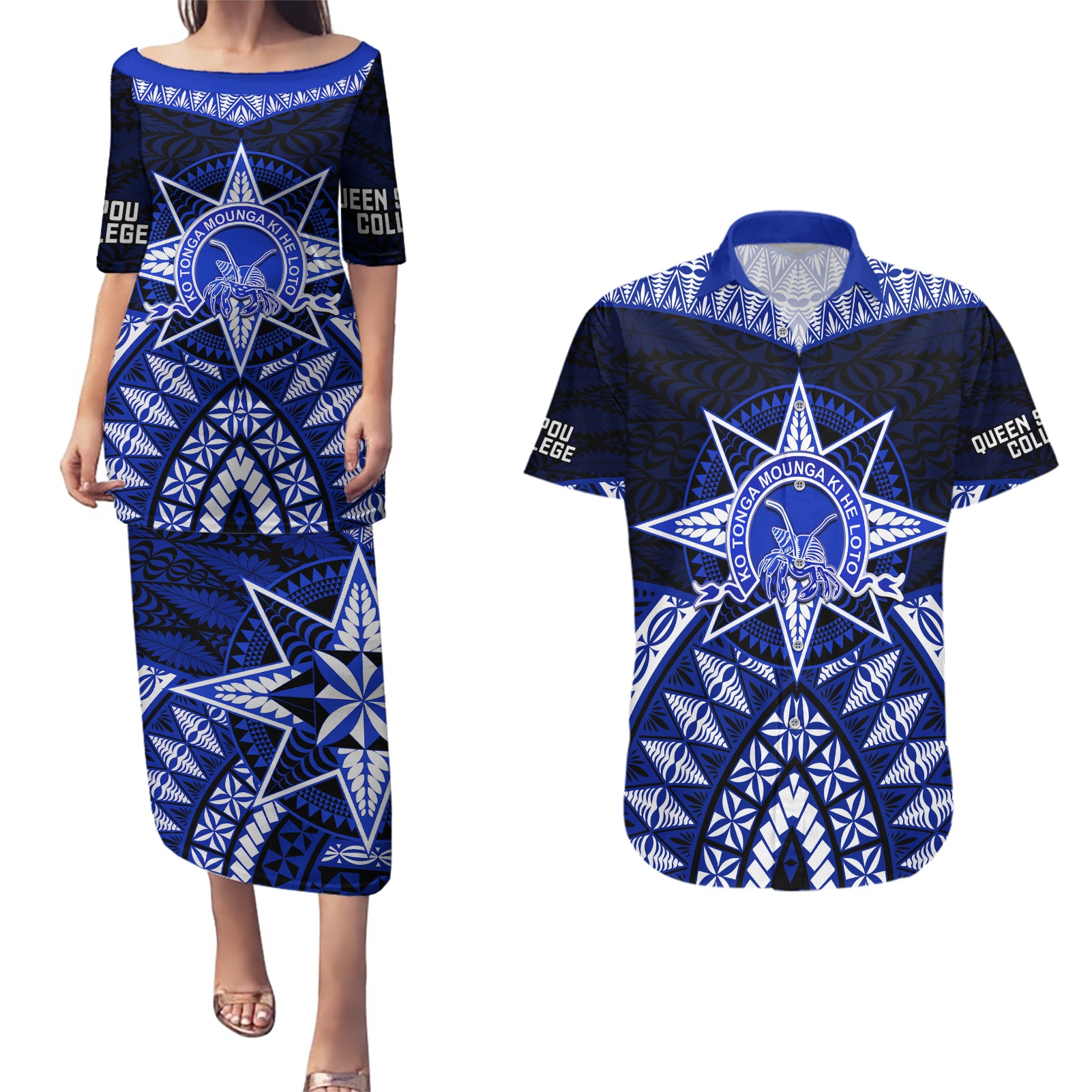 Tonga Tupou College And Queen Salote College Couples Matching Puletasi Dress and Hawaiian Shirt Tongan Ngatu Pattern LT14 Blue - Polynesian Pride