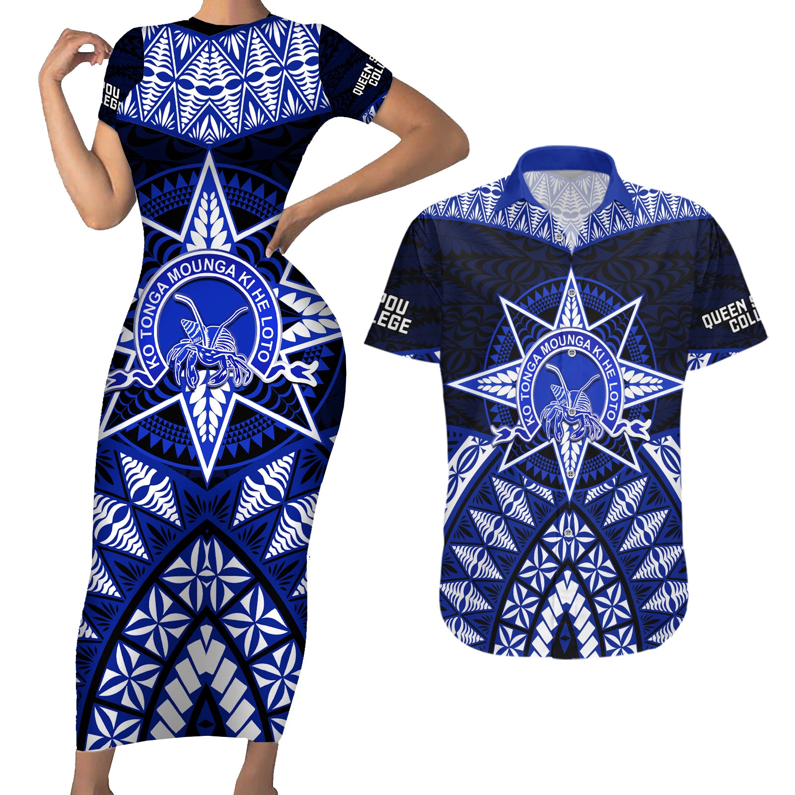 Tonga Tupou College And Queen Salote College Couples Matching Short Sleeve Bodycon Dress and Hawaiian Shirt Tongan Ngatu Pattern LT14 Blue - Polynesian Pride