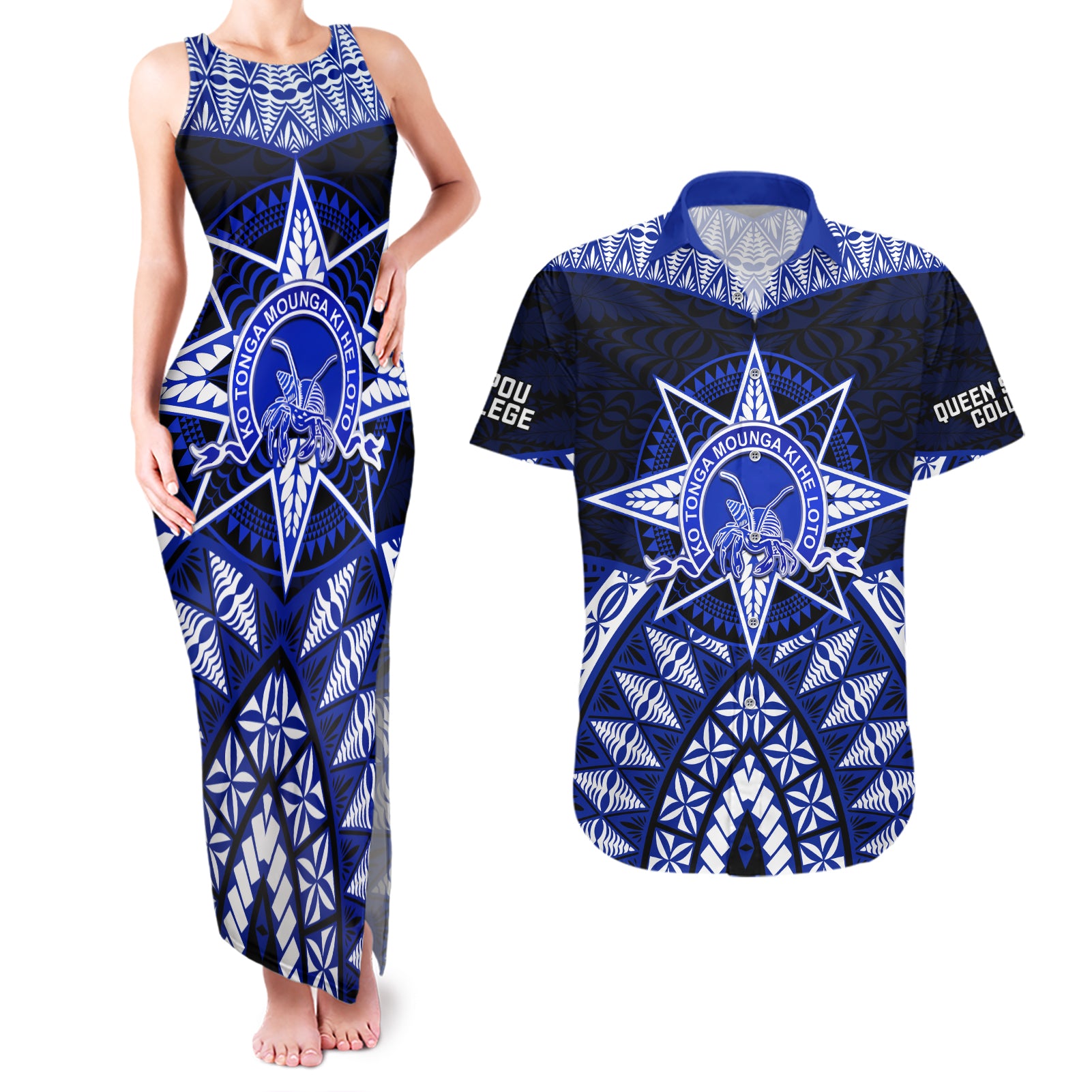 Tonga Tupou College And Queen Salote College Couples Matching Tank Maxi Dress and Hawaiian Shirt Tongan Ngatu Pattern LT14 Blue - Polynesian Pride