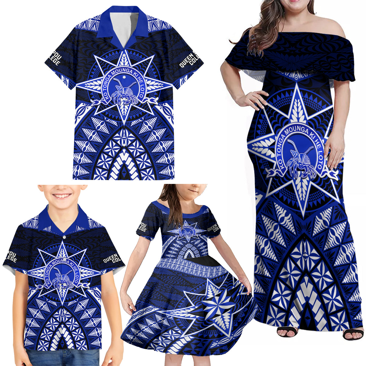 Tonga Tupou College And Queen Salote College Family Matching Off Shoulder Maxi Dress and Hawaiian Shirt Tongan Ngatu Pattern LT14 - Polynesian Pride