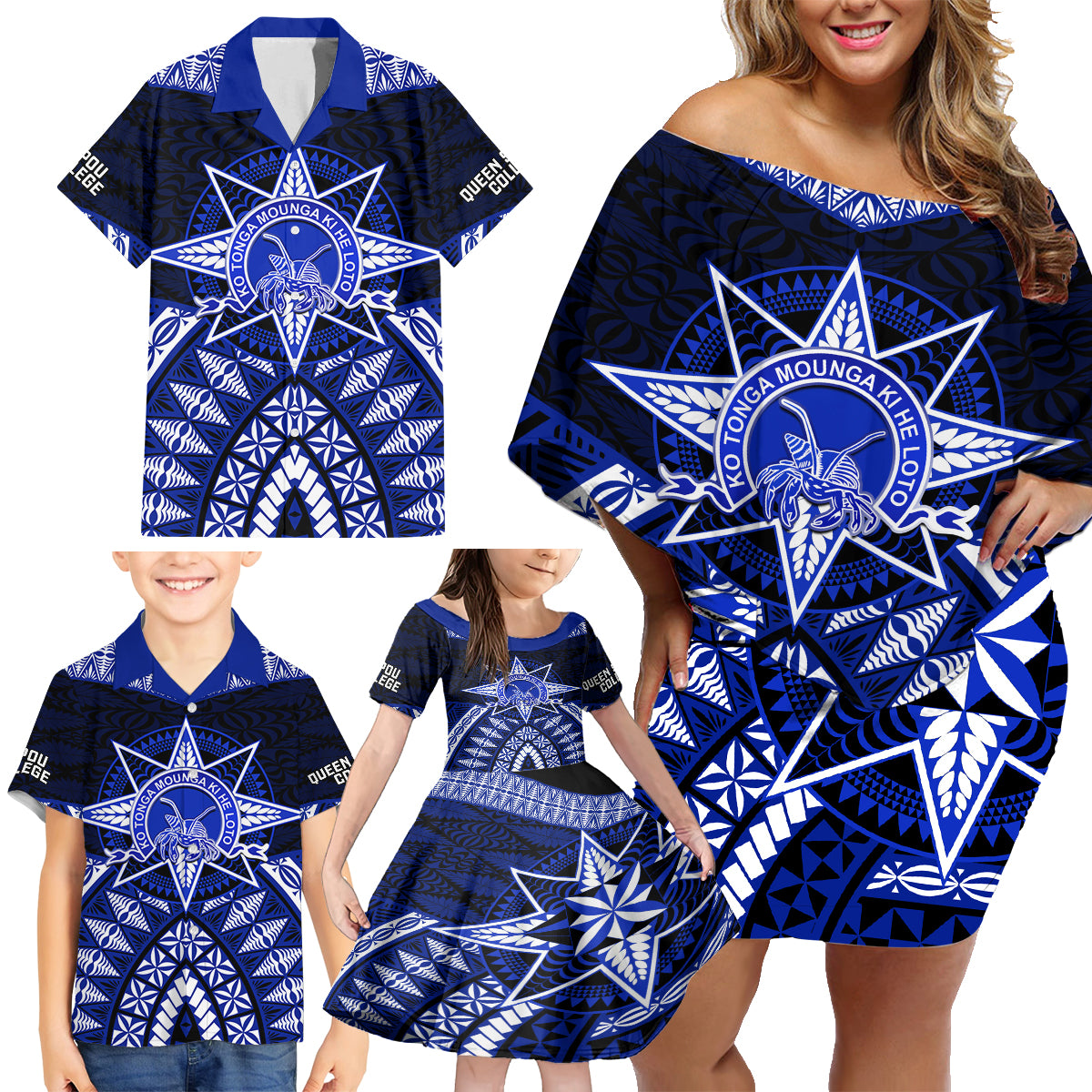 Tonga Tupou College And Queen Salote College Family Matching Off Shoulder Short Dress and Hawaiian Shirt Tongan Ngatu Pattern LT14 - Polynesian Pride