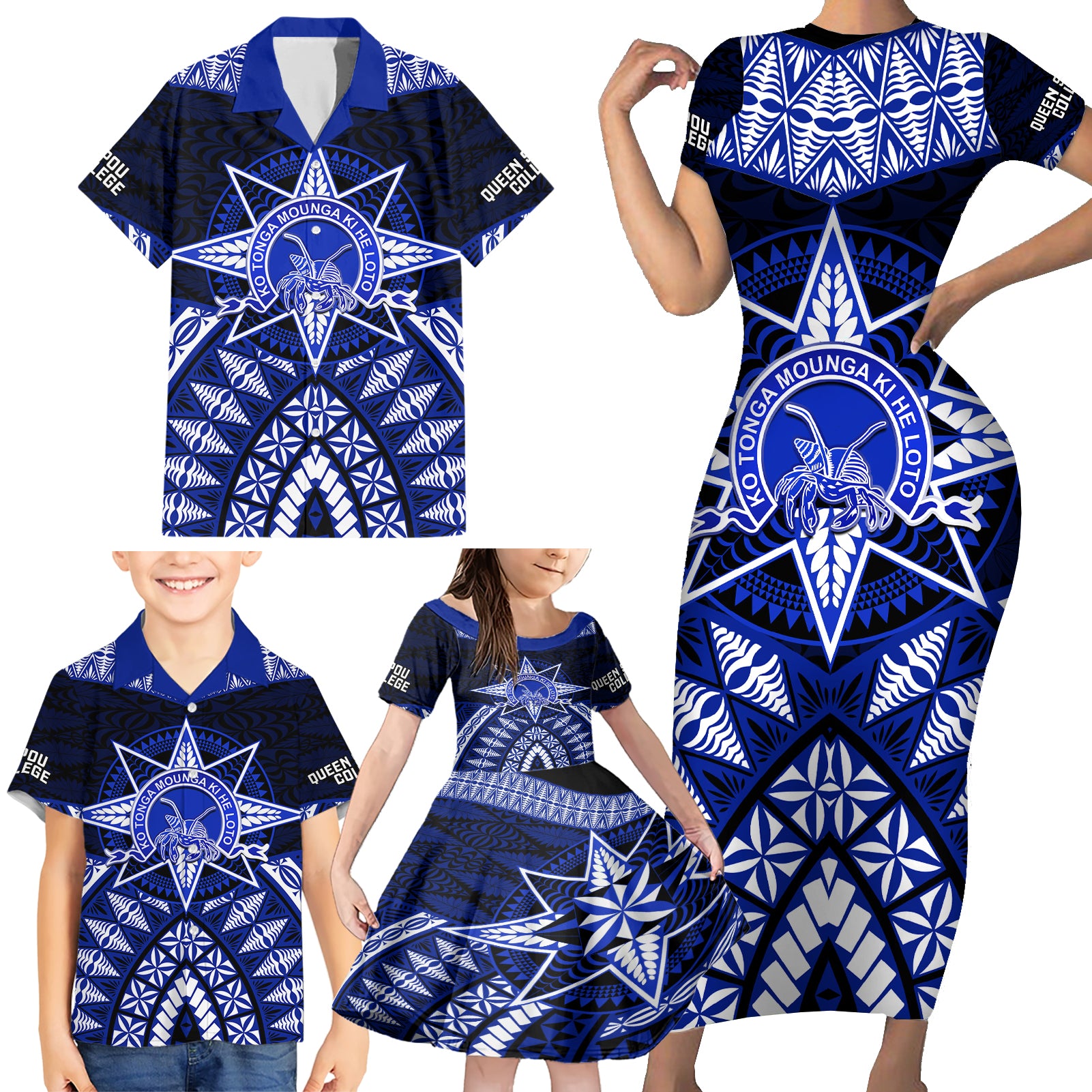 Tonga Tupou College And Queen Salote College Family Matching Short Sleeve Bodycon Dress and Hawaiian Shirt Tongan Ngatu Pattern LT14 - Polynesian Pride