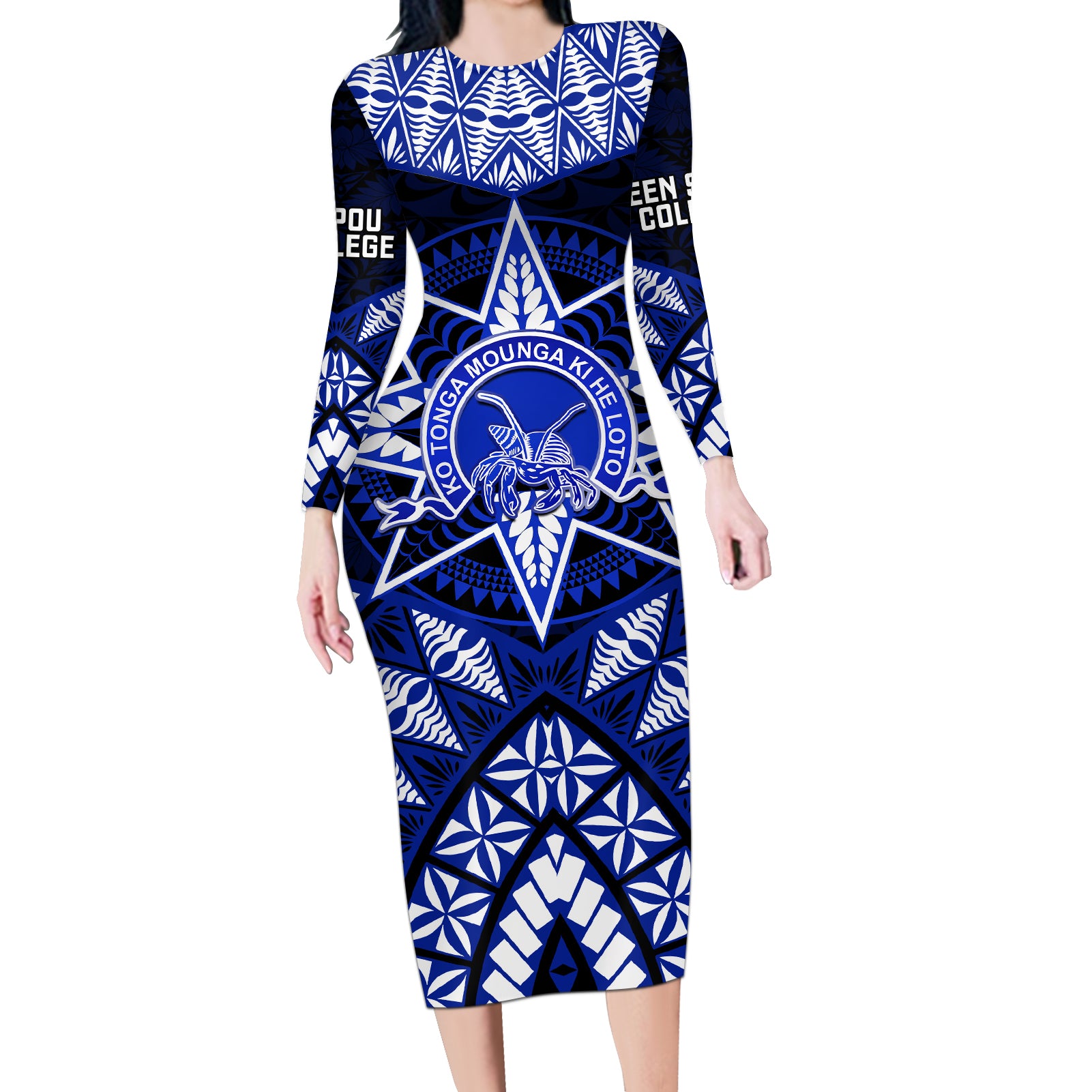 Tonga Tupou College And Queen Salote College Long Sleeve Bodycon Dress Tongan Ngatu Pattern LT14 Long Dress Blue - Polynesian Pride