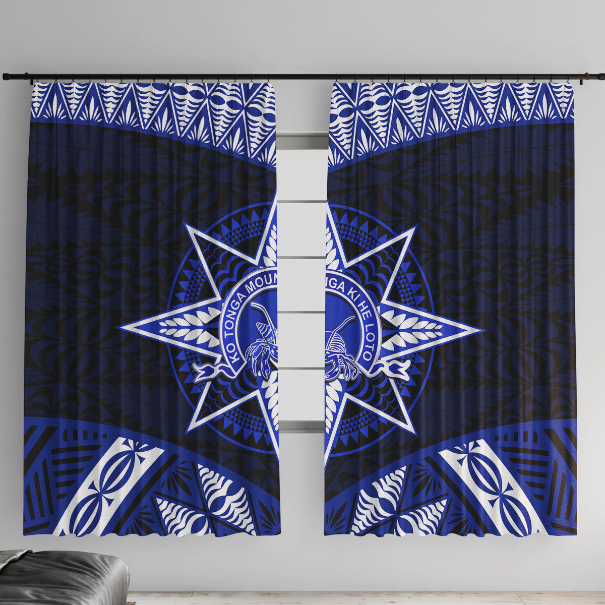 Tonga Tupou College And Queen Salote College Window Curtain Tongan Ngatu Pattern LT14 With Hooks Blue - Polynesian Pride