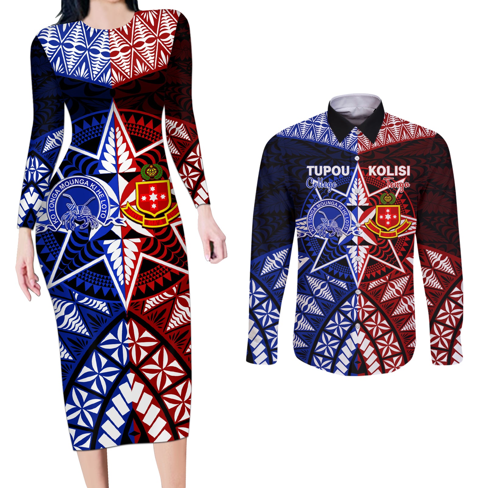 Personalised Tupou College And Kolisi Tonga Atele Couples Matching Long Sleeve Bodycon Dress and Long Sleeve Button Shirt Tongan Ngatu Pattern LT14 Blue - Polynesian Pride