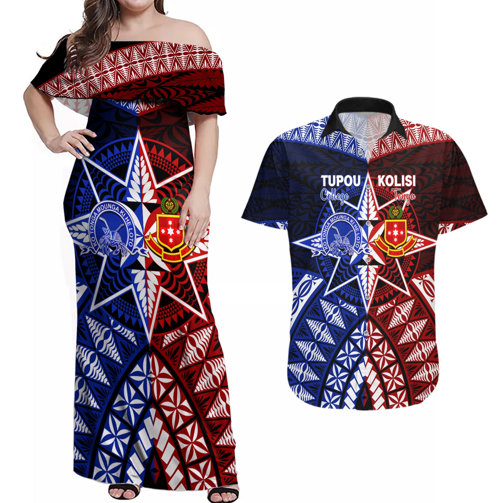 Personalised Tupou College And Kolisi Tonga Atele Couples Matching Off Shoulder Maxi Dress and Hawaiian Shirt Tongan Ngatu Pattern LT14 Blue - Polynesian Pride