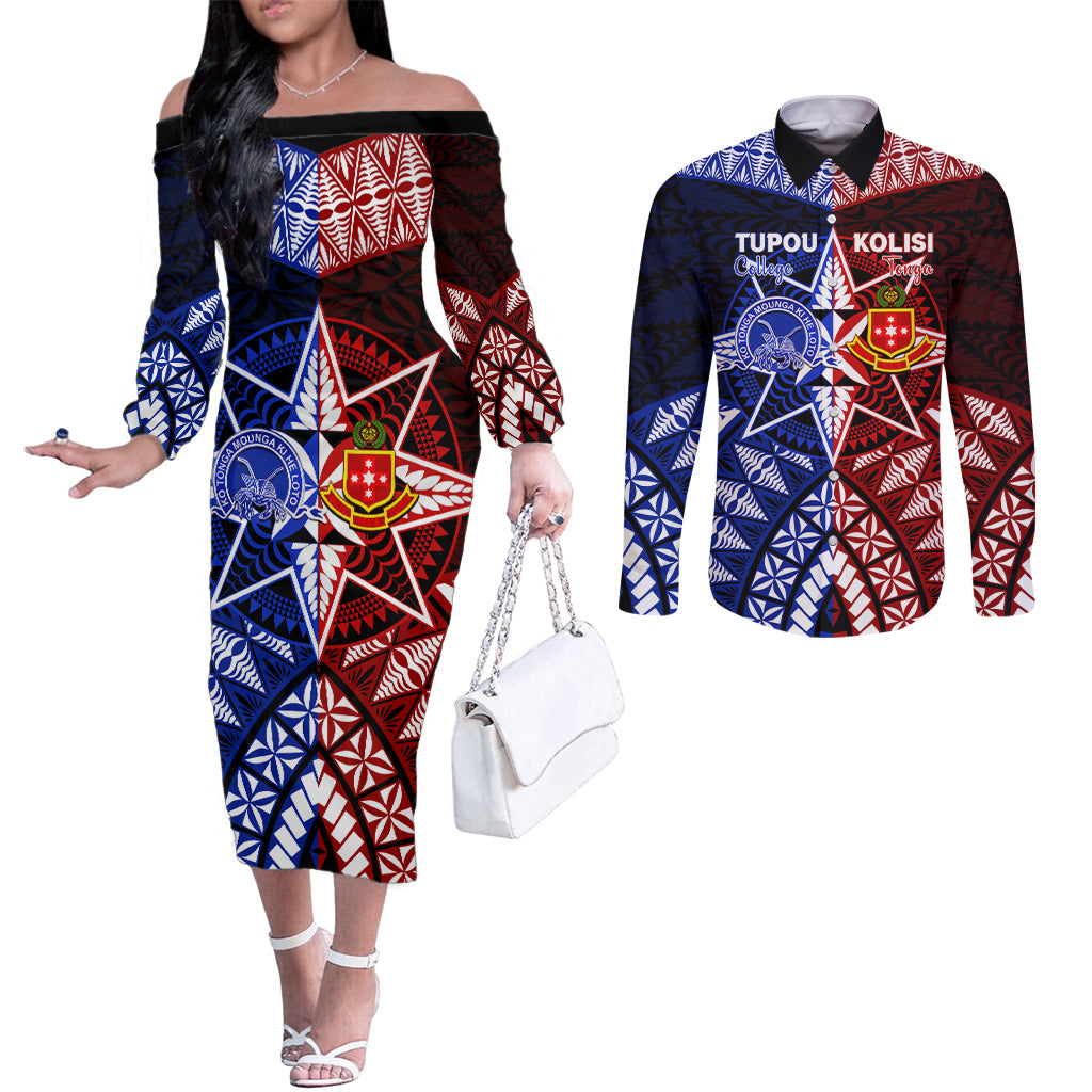 Personalised Tupou College And Kolisi Tonga Atele Couples Matching Off The Shoulder Long Sleeve Dress and Long Sleeve Button Shirt Tongan Ngatu Pattern LT14 Blue - Polynesian Pride