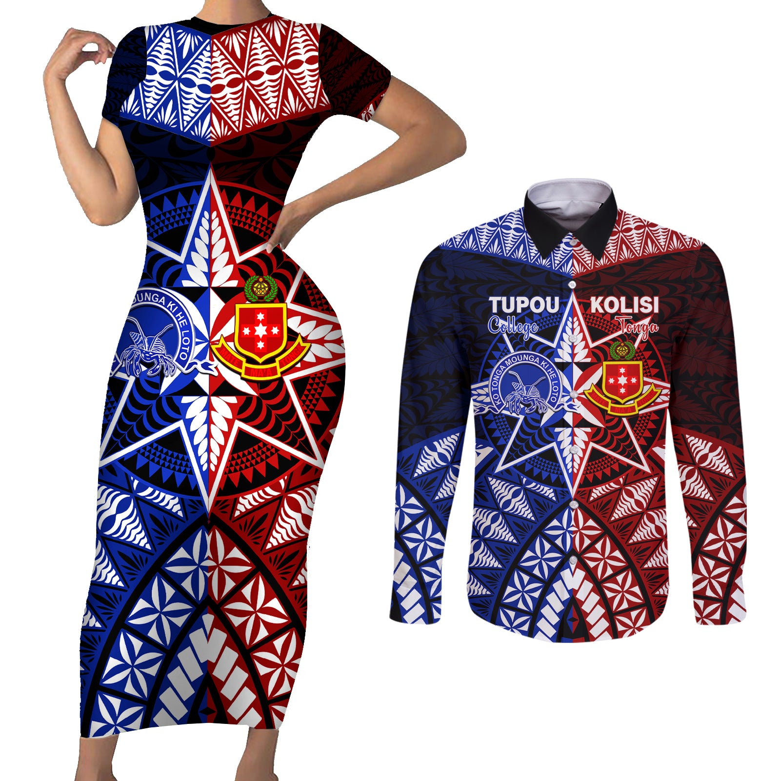 Personalised Tupou College And Kolisi Tonga Atele Couples Matching Short Sleeve Bodycon Dress and Long Sleeve Button Shirt Tongan Ngatu Pattern LT14 Blue - Polynesian Pride