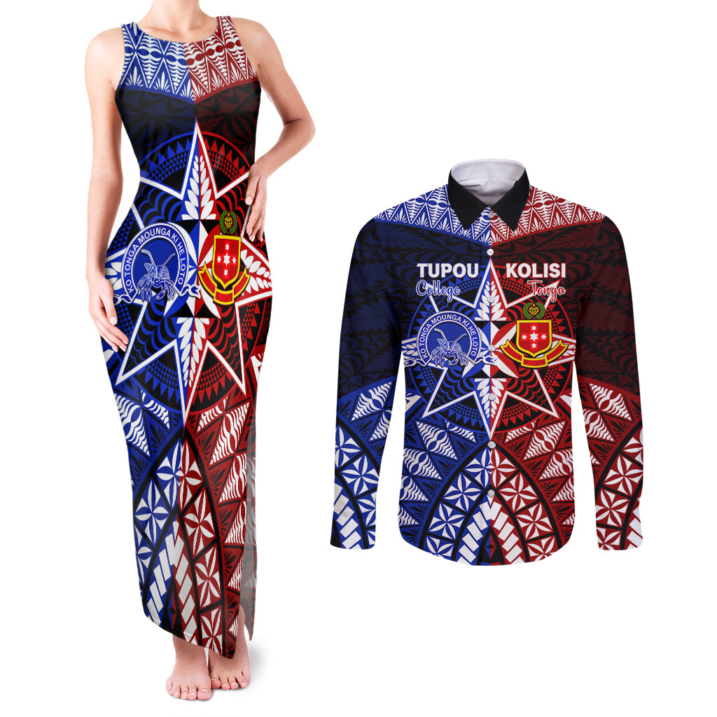 Personalised Tupou College And Kolisi Tonga Atele Couples Matching Tank Maxi Dress and Long Sleeve Button Shirt Tongan Ngatu Pattern LT14 Blue - Polynesian Pride