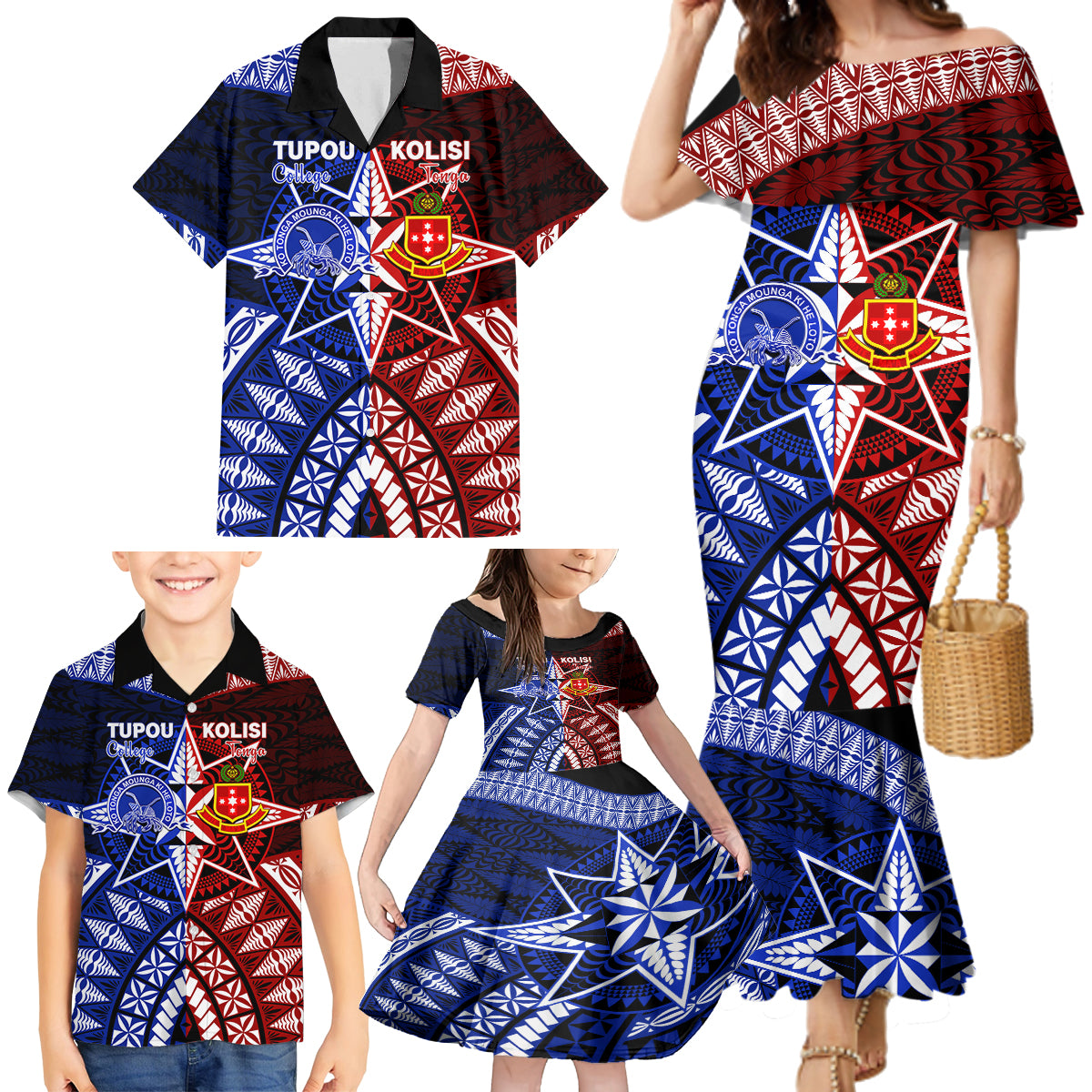 Personalised Tupou College And Kolisi Tonga Atele Family Matching Mermaid Dress and Hawaiian Shirt Tongan Ngatu Pattern LT14 - Polynesian Pride