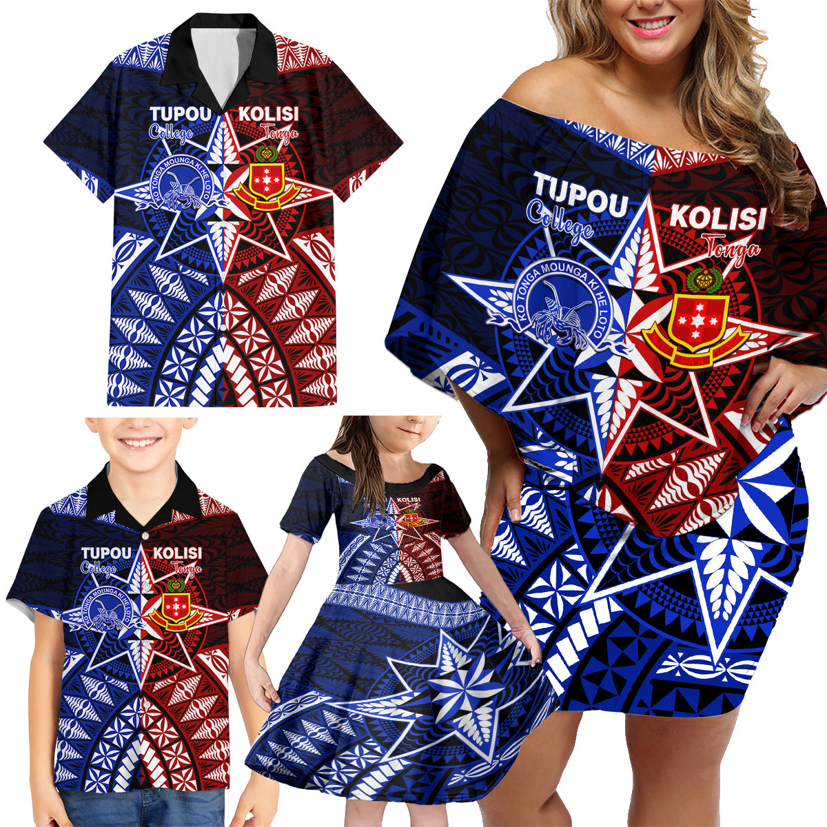 Personalised Tupou College And Kolisi Tonga Atele Family Matching Off Shoulder Short Dress and Hawaiian Shirt Tongan Ngatu Pattern LT14 - Polynesian Pride