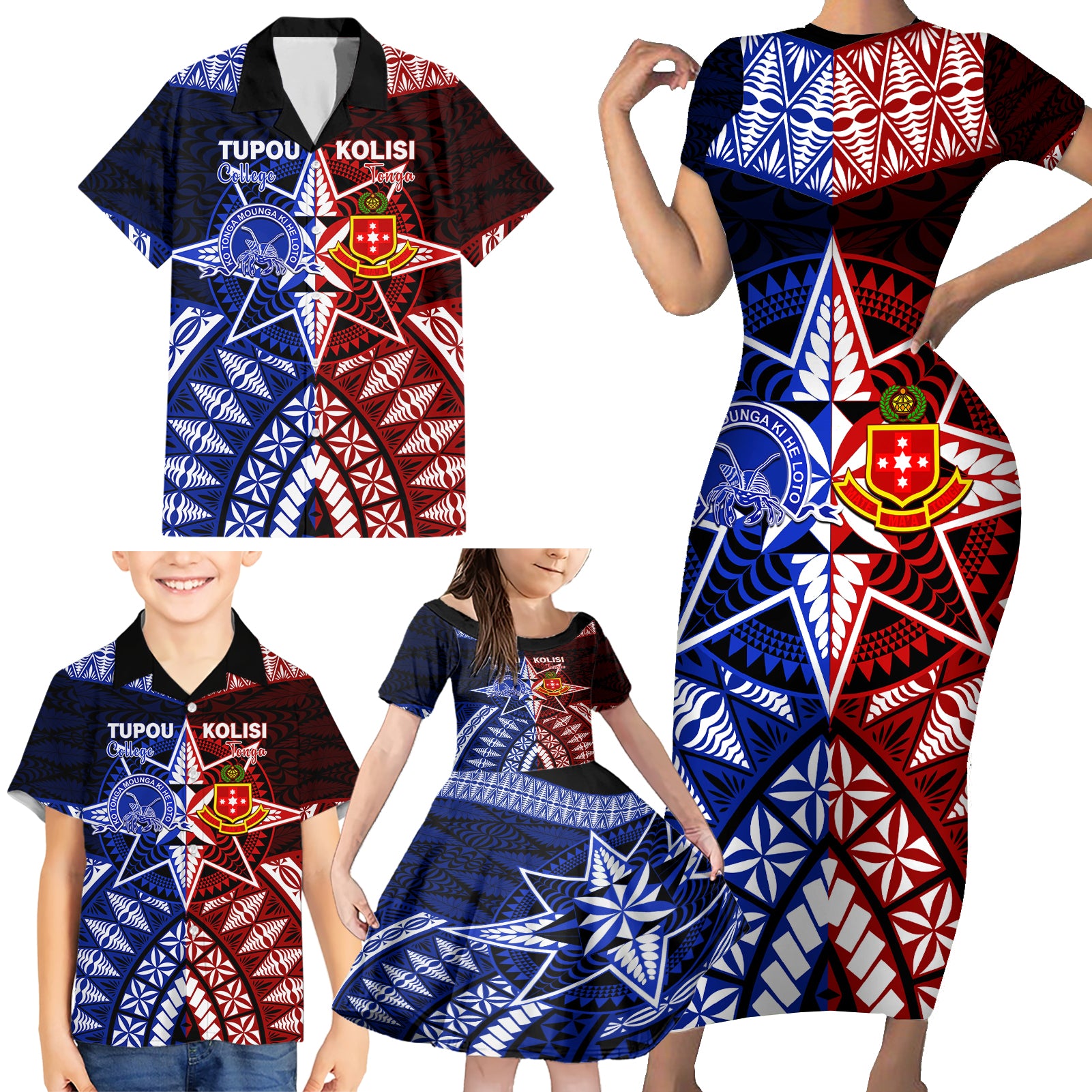 Personalised Tupou College And Kolisi Tonga Atele Family Matching Short Sleeve Bodycon Dress and Hawaiian Shirt Tongan Ngatu Pattern LT14 - Polynesian Pride