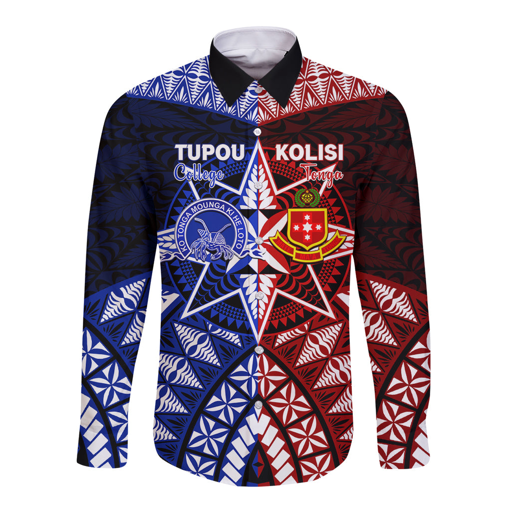 Personalised Tupou College And Kolisi Tonga Atele Long Sleeve Button Shirt Tongan Ngatu Pattern LT14 Unisex Blue - Polynesian Pride