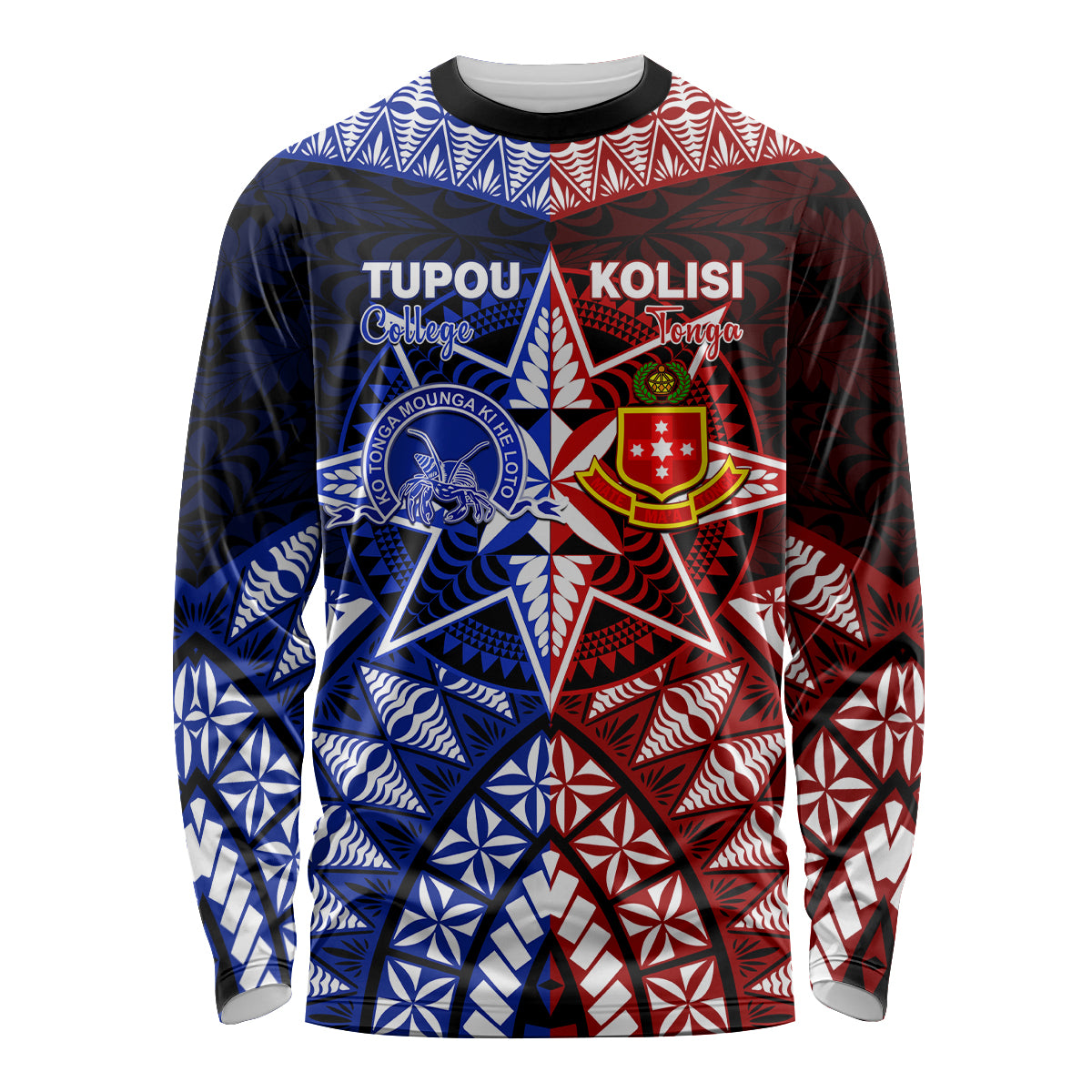 Personalised Tupou College And Kolisi Tonga Atele Long Sleeve Shirt Tongan Ngatu Pattern LT14 Unisex Blue - Polynesian Pride