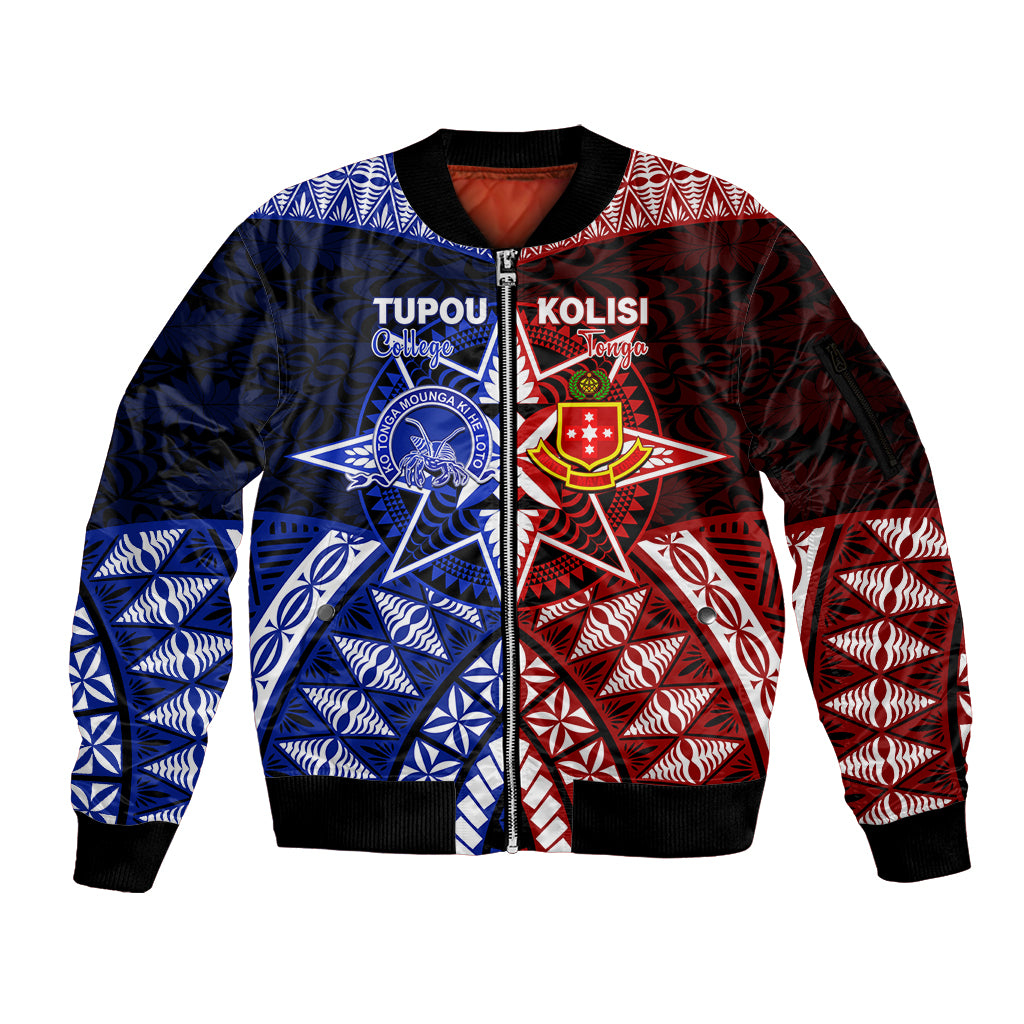 Personalised Tupou College And Kolisi Tonga Atele Sleeve Zip Bomber Jacket Tongan Ngatu Pattern LT14 Unisex Blue - Polynesian Pride