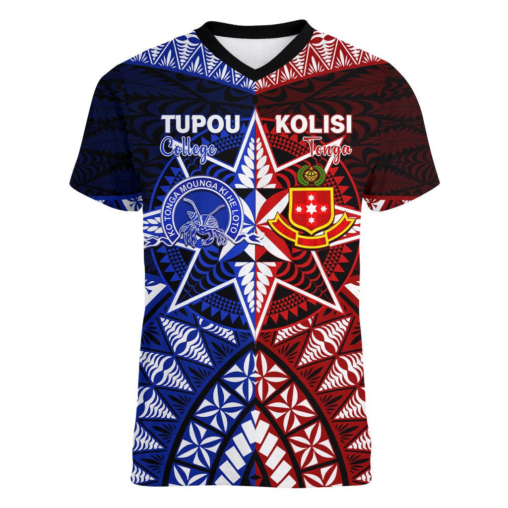 Personalised Tupou College And Kolisi Tonga Atele Women V Neck T Shirt Tongan Ngatu Pattern LT14 Female Blue - Polynesian Pride