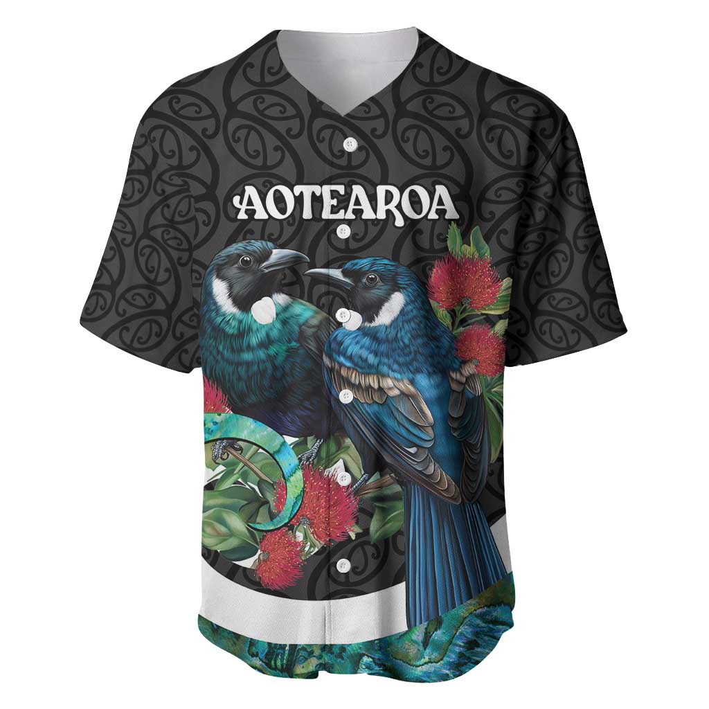 Personalised Valentine's Day New Zealand Baseball Jersey Tui Bird Couple Kowhaiwhai Mix Pohutukawa LT14 Black - Polynesian Pride