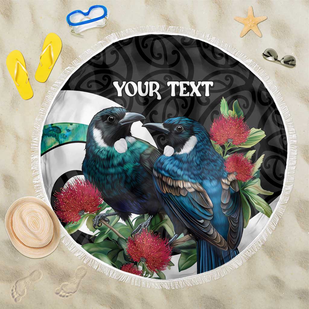 Personalised Valentine's Day New Zealand Beach Blanket Tui Bird Couple Kowhaiwhai Mix Pohutukawa