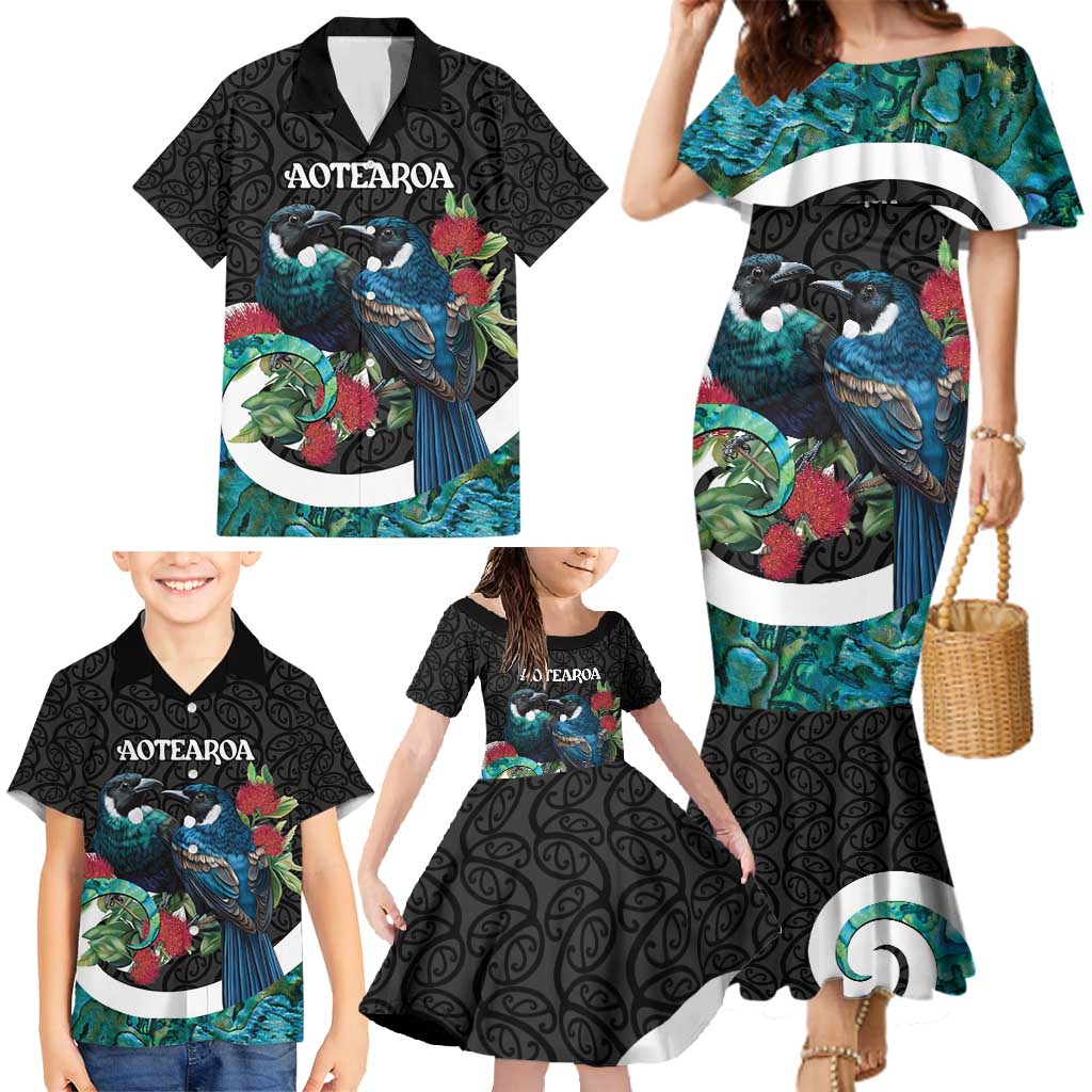 Personalised Valentine's Day New Zealand Family Matching Mermaid Dress and Hawaiian Shirt Tui Bird Couple Kowhaiwhai Mix Pohutukawa