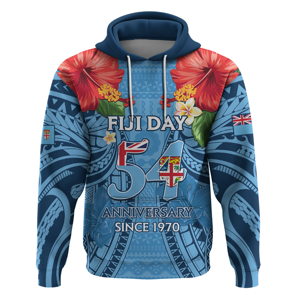 Fiji Day Hoodie Happy 54 Years Of Independence Tapa Pattern Blue LT14 Pullover Hoodie Blue - Polynesian Pride