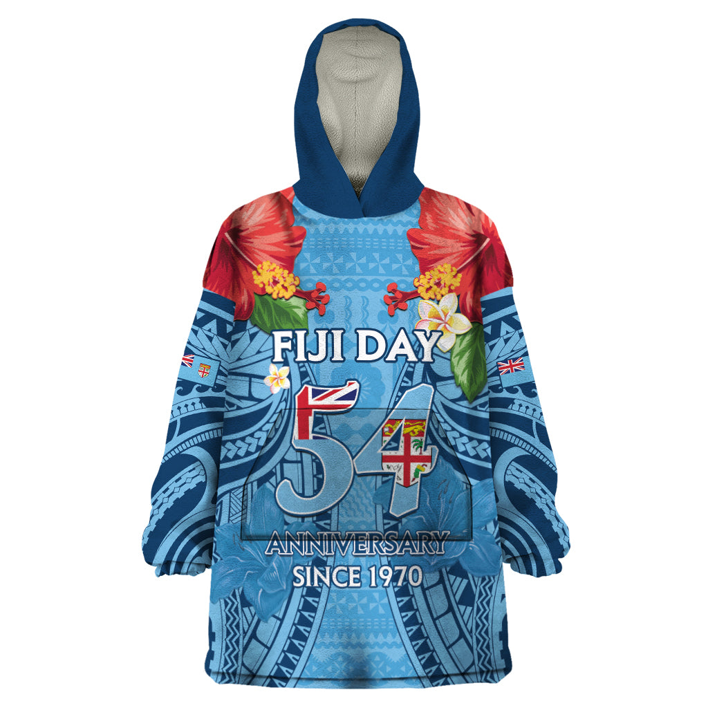 Fiji Day Wearable Blanket Hoodie Happy 54 Years Of Independence Tapa Pattern Blue