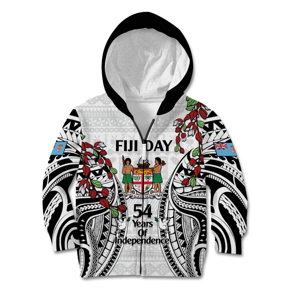 Fiji Day Kid Hoodie Happy 54 Years Of Independence Tapa Pattern White LT14 Zip Hoodie White - Polynesian Pride