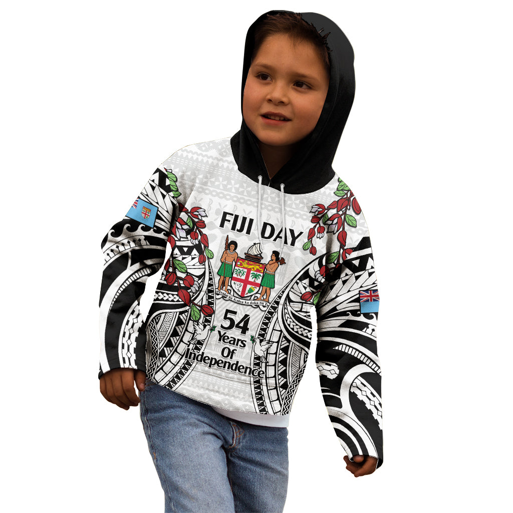 Fiji Day Kid Hoodie Happy 54 Years Of Independence Tapa Pattern White LT14 - Polynesian Pride