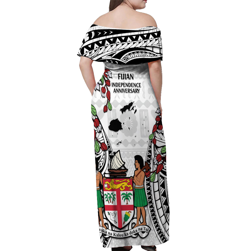 Fiji Day Off Shoulder Maxi Dress Happy 54 Years Of Independence Tapa Pattern White LT14 - Polynesian Pride