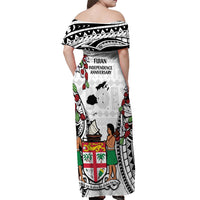 Fiji Day Off Shoulder Maxi Dress Happy 54 Years Of Independence Tapa Pattern White LT14 - Polynesian Pride