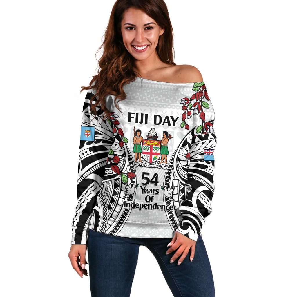 Fiji Day Off Shoulder Sweater Happy 54 Years Of Independence Tapa Pattern White LT14 Women White - Polynesian Pride