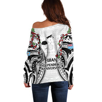Fiji Day Off Shoulder Sweater Happy 54 Years Of Independence Tapa Pattern White LT14 - Polynesian Pride