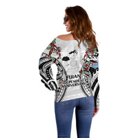 Fiji Day Off Shoulder Sweater Happy 54 Years Of Independence Tapa Pattern White LT14 - Polynesian Pride