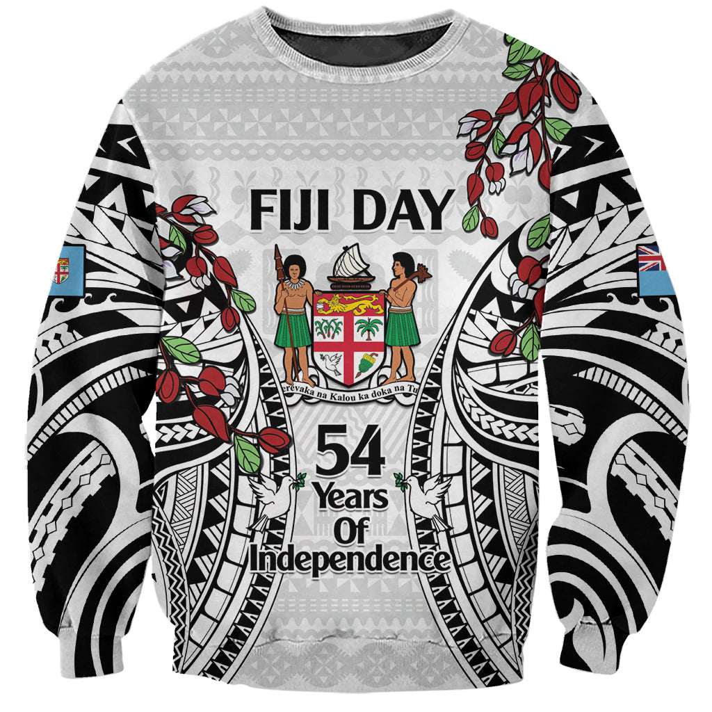 Fiji Day Sweatshirt Happy 54 Years Of Independence Tapa Pattern White LT14 Unisex White - Polynesian Pride