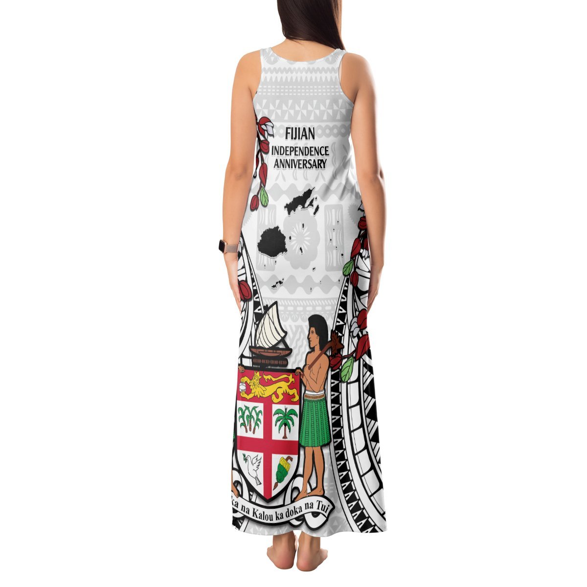 Fiji Day Tank Maxi Dress Happy 54 Years Of Independence Tapa Pattern White LT14 - Polynesian Pride