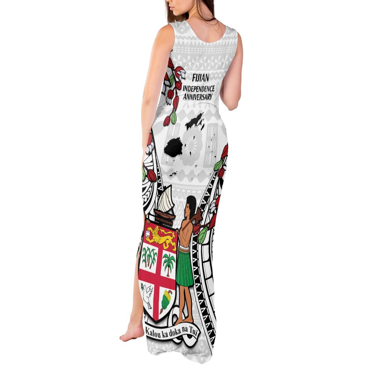 Fiji Day Tank Maxi Dress Happy 54 Years Of Independence Tapa Pattern White LT14 - Polynesian Pride