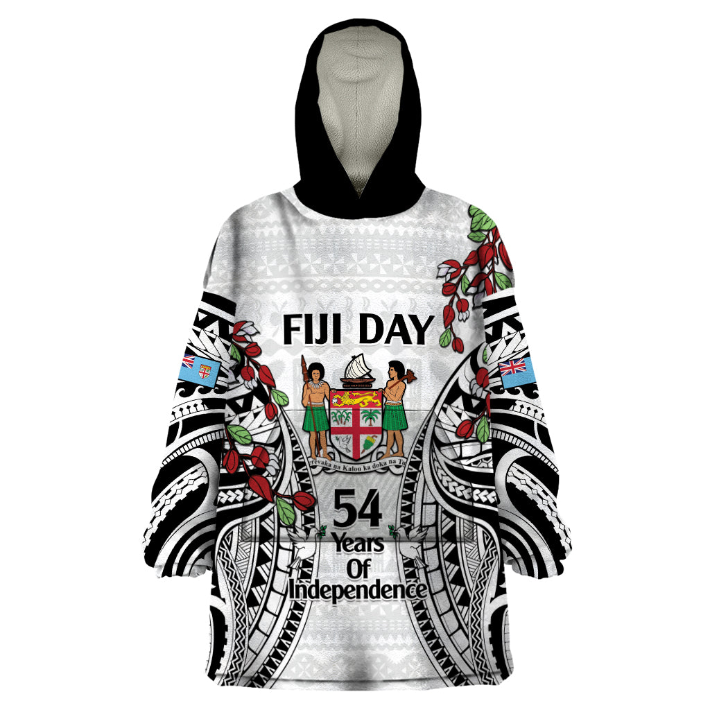 Fiji Day Wearable Blanket Hoodie Happy 54 Years Of Independence Tapa Pattern White LT14 One Size White - Polynesian Pride