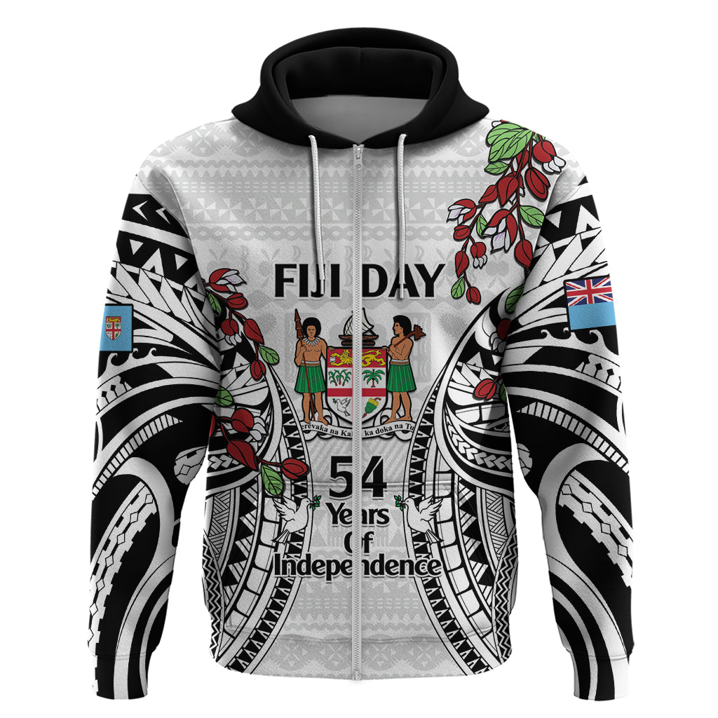Fiji Day Zip Hoodie Happy 54 Years Of Independence Tapa Pattern White LT14 Zip Hoodie White - Polynesian Pride