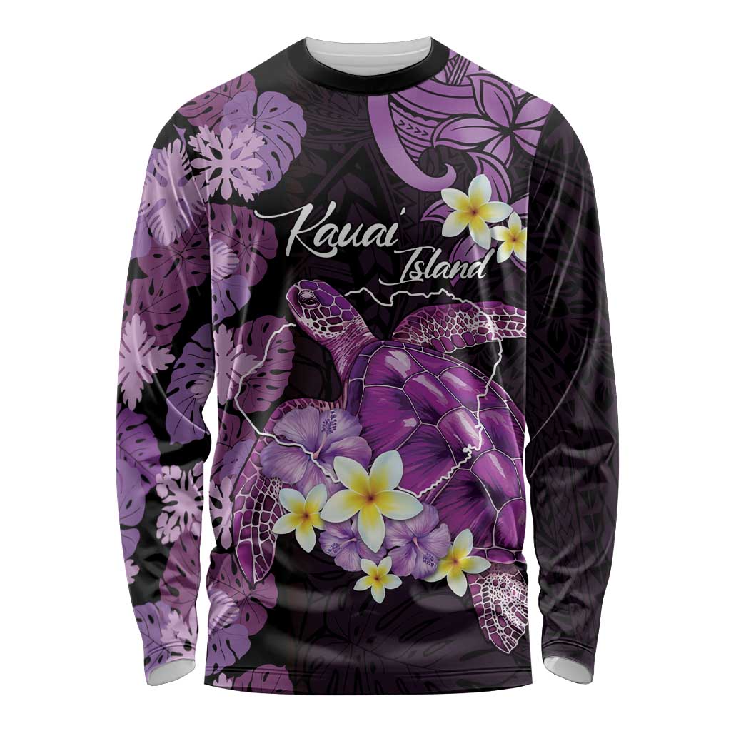 Personalised Aloha Hawaii Kauai Island Long Sleeve Shirt Garden Isle Map Sea Turtle Plumeria LT14 Unisex Purple - Polynesian Pride