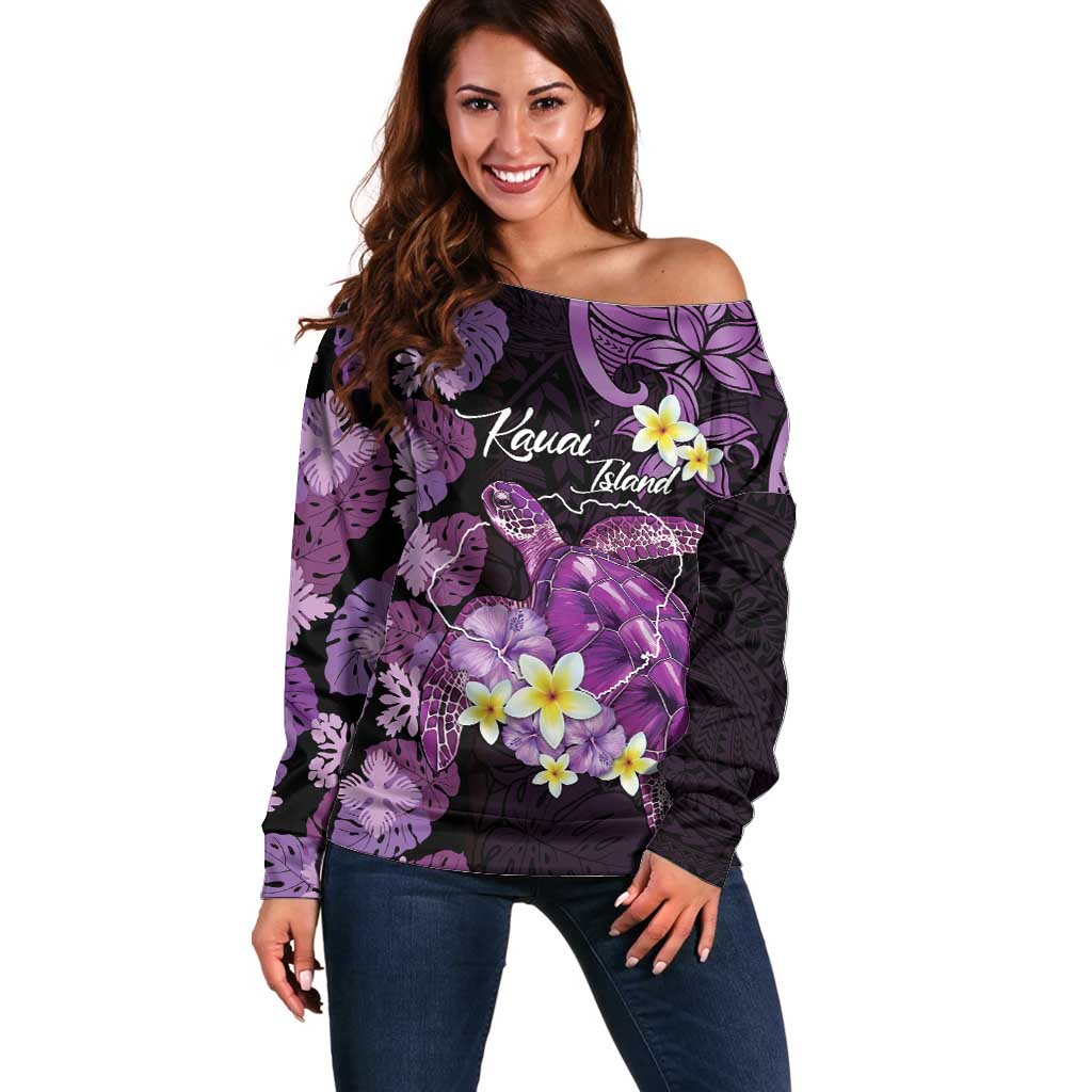 Personalised Aloha Hawaii Kauai Island Off Shoulder Sweater Garden Isle Map Sea Turtle Plumeria LT14 Women Purple - Polynesian Pride