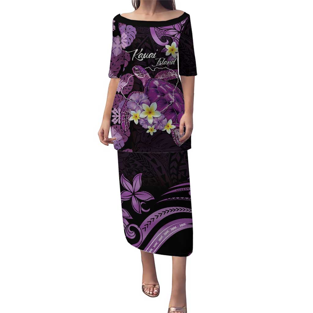 Personalised Aloha Hawaii Kauai Island Puletasi Garden Isle Map Sea Turtle Plumeria LT14 Long Dress Purple - Polynesian Pride