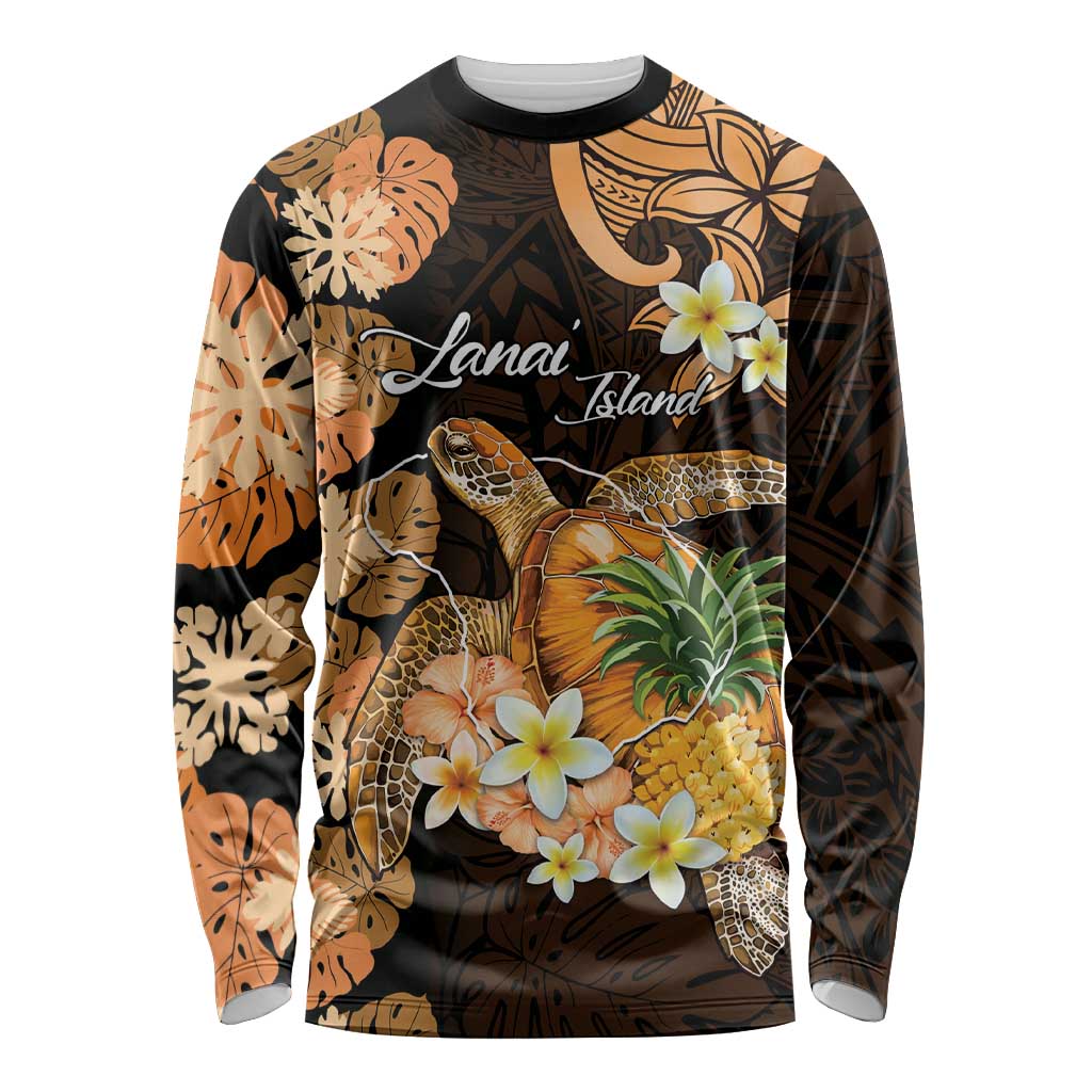 Personalised Aloha Hawaii Lanai Island Long Sleeve Shirt Pineapple Isle Map Sea Turtle Plumeria LT14 Unisex Orange - Polynesian Pride