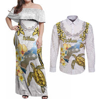 Personalised Aloha Hawaii Niihau Island Couples Matching Off Shoulder Maxi Dress and Long Sleeve Button Shirt Forbidden Isle Map Shell Lei LT14 Yellow - Polynesian Pride
